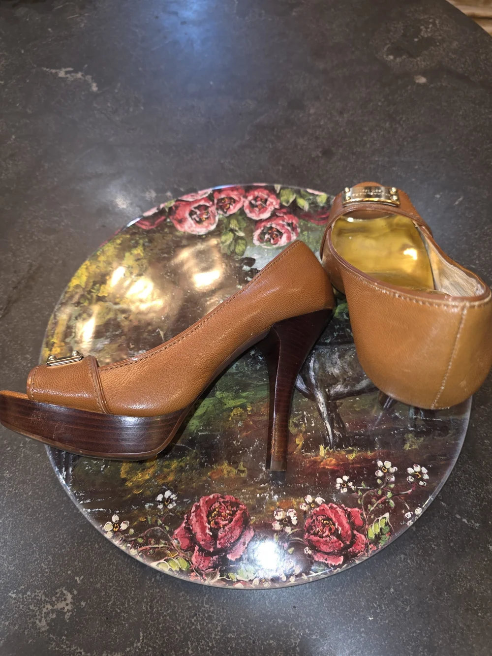 MICHAEL KORS Women's Brown Leather Peep-Toe Heels
